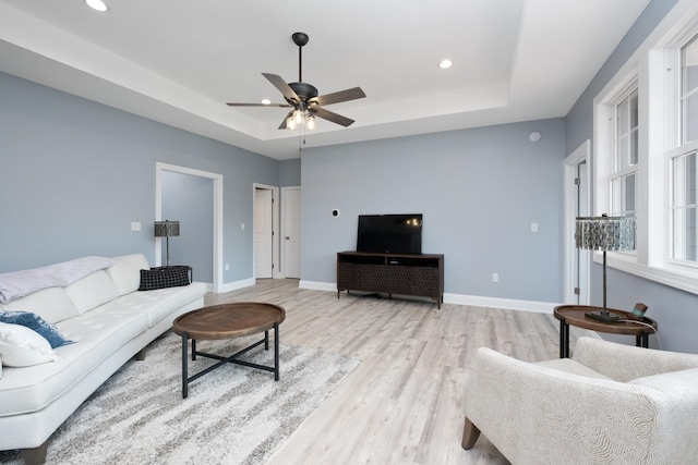 795 Barrows Ct, Mcgaheysville, VA 22840 - living room featuring a raised ceiling, light wood-style floors, ceiling fan, recessed lighting, and baseboards