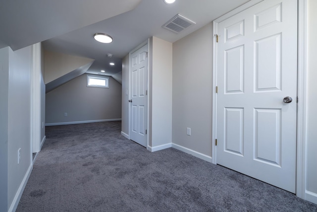 bonus room with visible vents, recessed lighting, vaulted ceiling, carpet floors, and baseboards