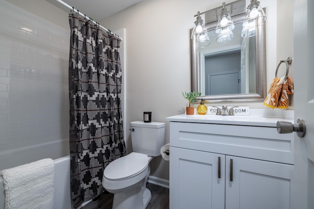 bathroom featuring toilet, baseboards, vanity, shower / bathtub combination with curtain, and wood finished floors