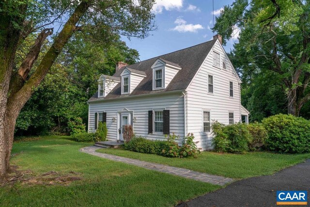 2201 Stadium Rd, Charlottesville, VA 22903 - cape cod home with a chimney, a front lawn, and a shingled roof