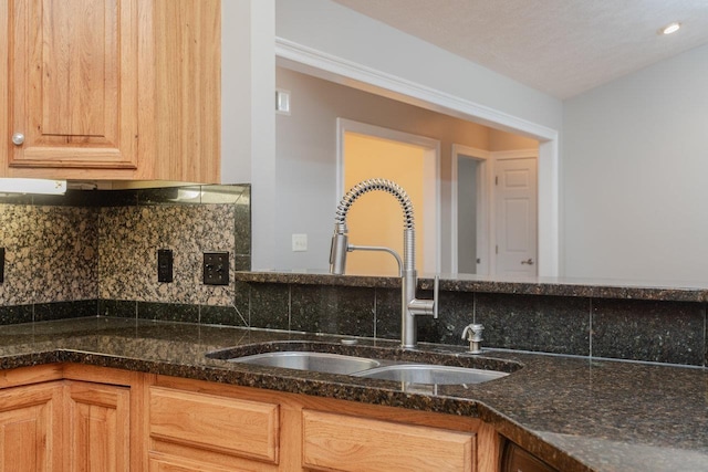 kitchen featuring sink, backsplash, and dark stone counters