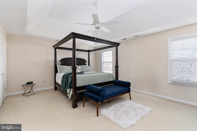 bedroom featuring carpet flooring, baseboards, and ceiling fan