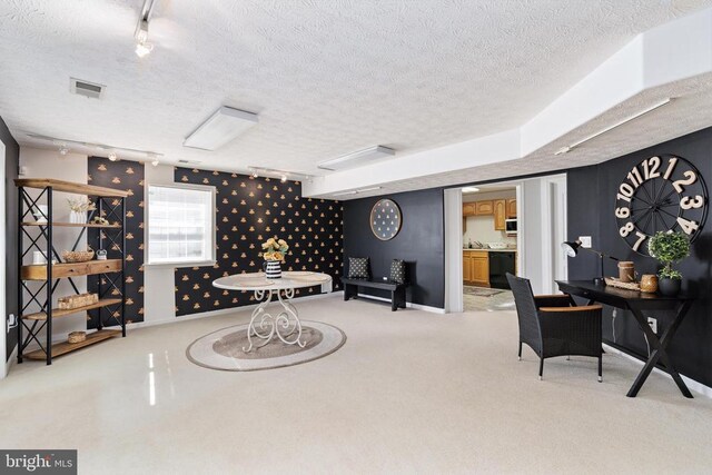 sitting room featuring rail lighting, a textured ceiling, carpet, and baseboards