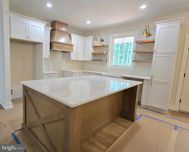 4120 Cabin Rd, Reva, VA 22735 - kitchen featuring open shelves, custom exhaust hood, tasteful backsplash, recessed lighting, and a center island