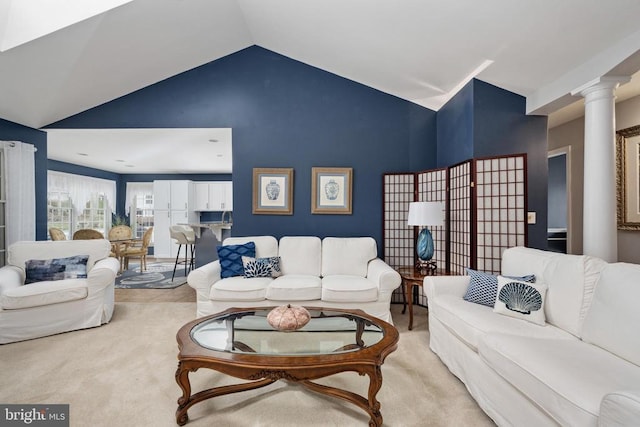 604 Mt Pleasant Dr, Locust Grove, VA 22508 - living area featuring light carpet, ornate columns, and high vaulted ceiling