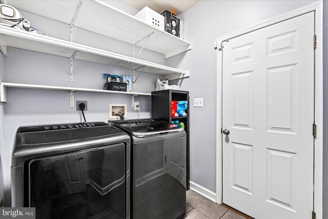 6915 Yeoman Ct, Fredericksburg, VA 22407 - laundry room featuring washer and dryer, tile patterned floors, and baseboards