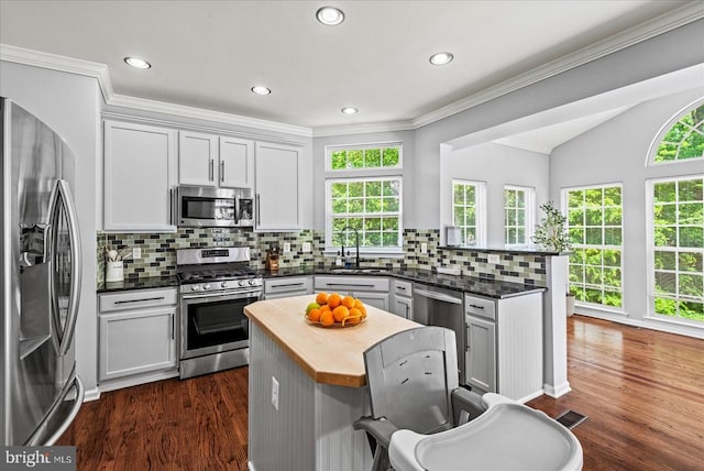 6915 Yeoman Ct, Fredericksburg, VA 22407 - kitchen featuring stainless steel appliances, a peninsula, a sink, a kitchen breakfast bar, and plenty of natural light