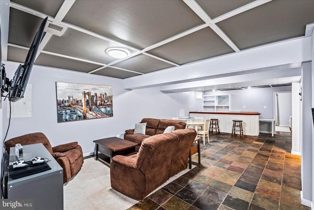 6915 Yeoman Ct, Fredericksburg, VA 22407 - living area with bar, stone finish floors, baseboards, and coffered ceiling