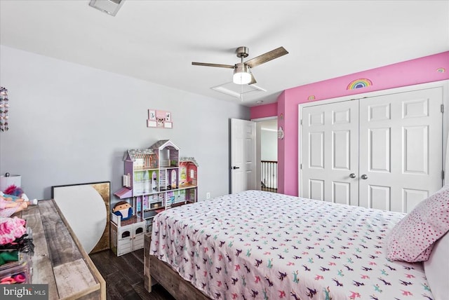 6915 Yeoman Ct, Fredericksburg, VA 22407 - bedroom with dark wood-style floors, a closet, and ceiling fan