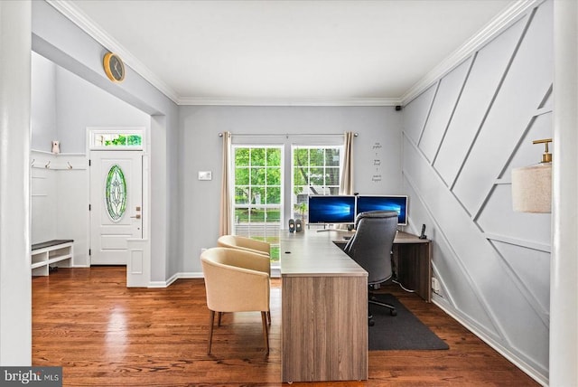 6915 Yeoman Ct, Fredericksburg, VA 22407 - office area with wood finished floors, crown molding, and baseboards