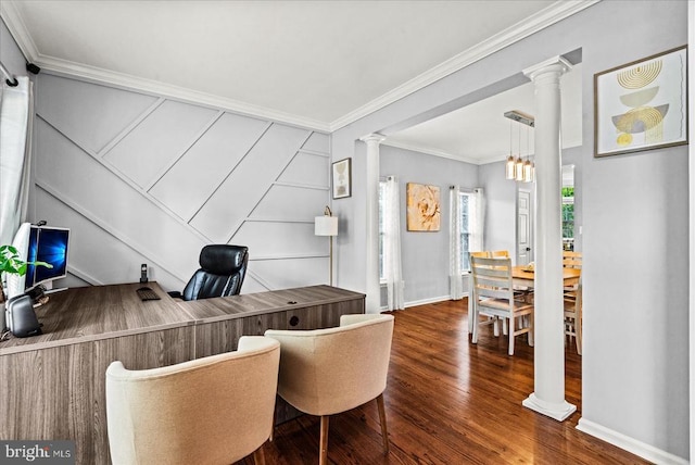 6915 Yeoman Ct, Fredericksburg, VA 22407 - office area featuring decorative columns, crown molding, wood finished floors, a decorative wall, and baseboards