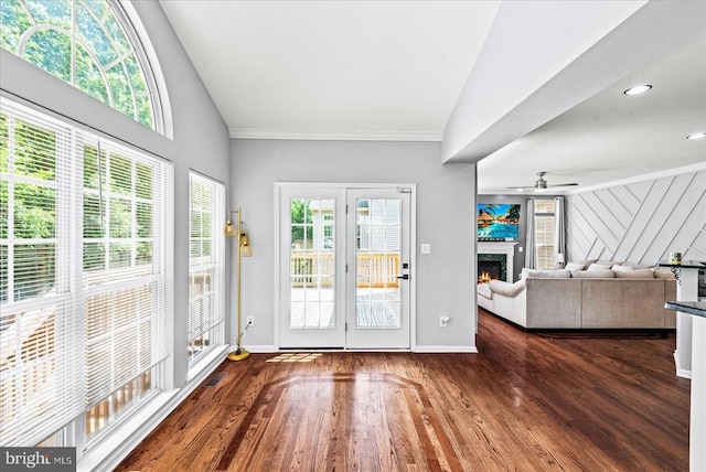 6915 Yeoman Ct, Fredericksburg, VA 22407 - doorway to outside with lofted ceiling, a ceiling fan, wood finished floors, baseboards, and a premium fireplace