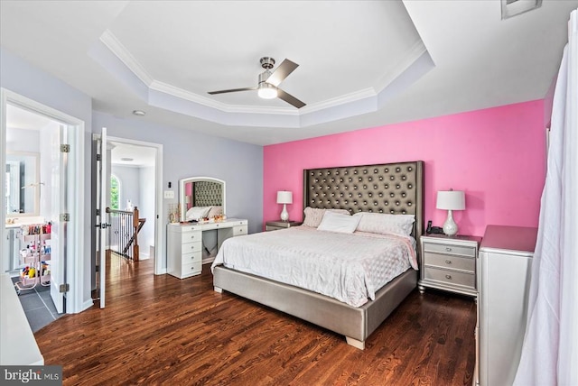 6915 Yeoman Ct, Fredericksburg, VA 22407 - bedroom with a tray ceiling, ornamental molding, dark wood-style flooring, and a ceiling fan