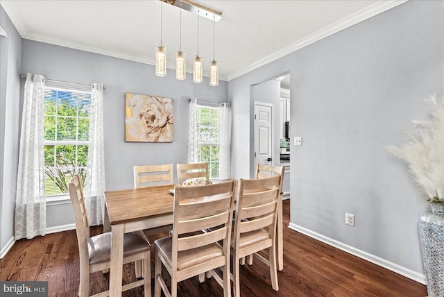 6915 Yeoman Ct, Fredericksburg, VA 22407 - dining room featuring dark wood-style floors, baseboards, and ornamental molding