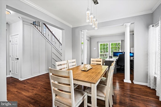 6915 Yeoman Ct, Fredericksburg, VA 22407 - dining area with decorative columns, wood finished floors, ornamental molding, a desk, and baseboards