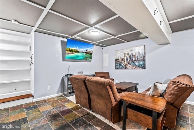 6915 Yeoman Ct, Fredericksburg, VA 22407 - home theater room with stone tile floors, baseboards, and coffered ceiling