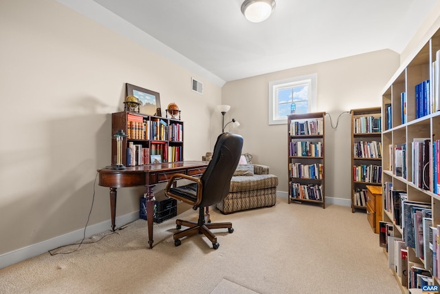 office space with carpet, visible vents, and baseboards