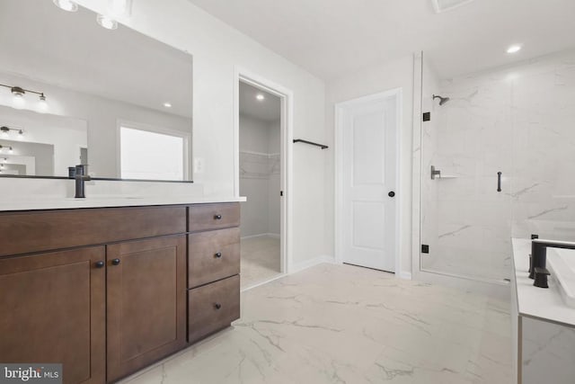 1 Blakely St, Fredericksburg, VA 22408 - bathroom featuring a marble finish shower, vanity, marble finish floors, a spacious closet, and recessed lighting