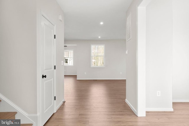 1 Blakely St, Fredericksburg, VA 22408 - hallway with light wood finished floors, baseboards, recessed lighting, and stairway