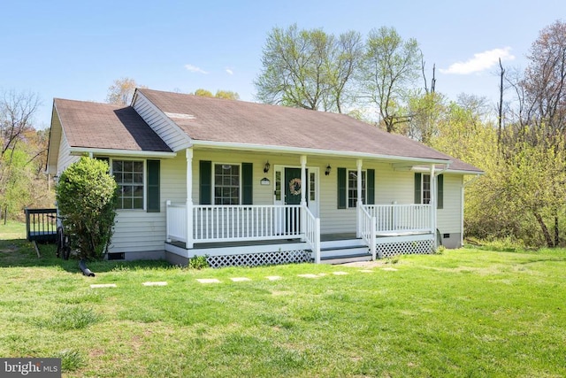 301 Charles St, Gordonsville, VA 22942 - ranch-style home featuring crawl space, covered porch, a front lawn, and a shingled roof