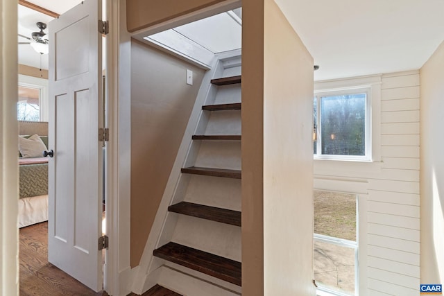 1481 Red Bird Dr, Stanardsville, VA 22973 - staircase with ceiling fan, wood finished floors, and a healthy amount of sunlight