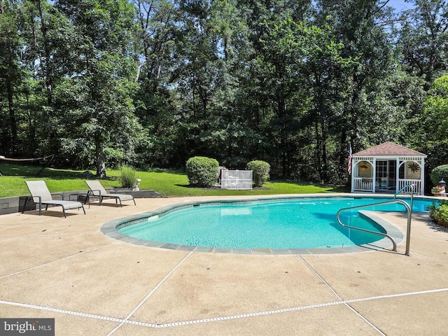  - swimming pool featuring a patio area, a yard, and view of wooded area