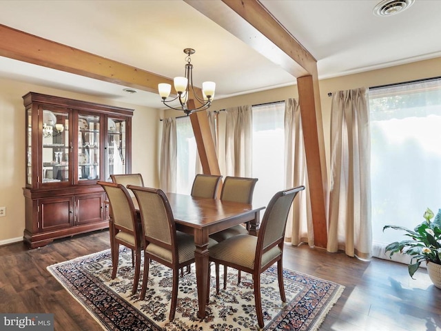  - dining space featuring a chandelier, healthy amount of natural light, and dark wood-style floors