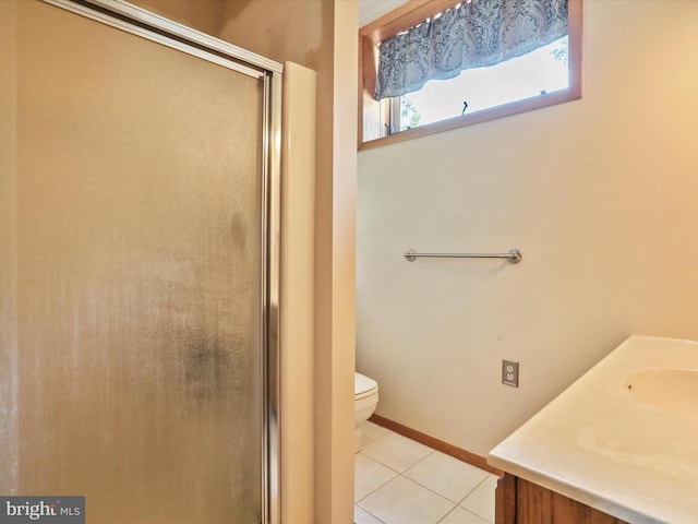  - full bathroom with a shower stall, vanity, and tile patterned floors