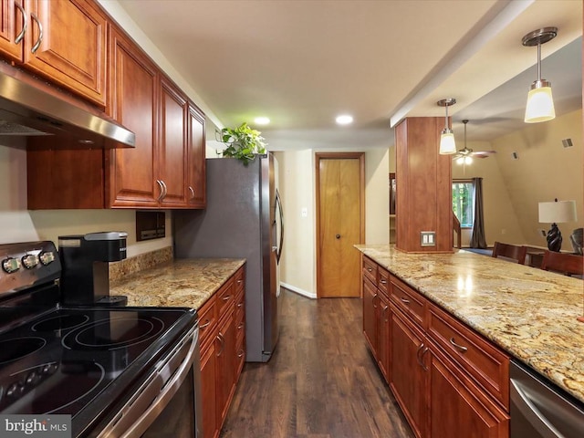  - kitchen featuring appliances with stainless steel finishes, range hood, dark wood-type flooring, light stone countertops, and a ceiling fan