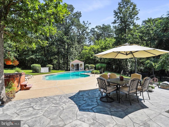  - swimming pool featuring an exterior structure, a patio area, an outdoor structure, and view of wooded area
