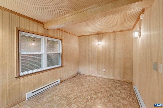411 Westmoreland Ct, Charlottesville, VA 22901 - spare room with baseboard heating, wooden walls, and a wood ceiling with exposed beams