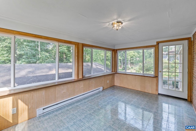 411 Westmoreland Ct, Charlottesville, VA 22901 - unfurnished sunroom with baseboard heating, wooden walls, and tile patterned floors
