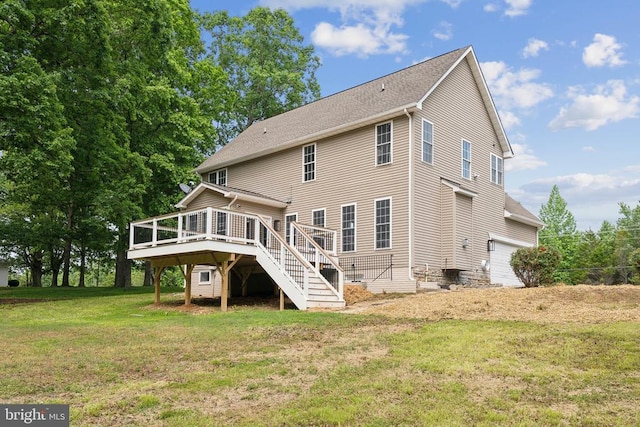 10800 Gordon Rd, Spotsylvania, VA 22553 - rear view of house featuring stairway, a garage, a wooden deck, and a lawn