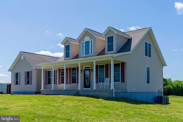 7204 Morris Rd, Spotsylvania, VA 22551 - cape cod-style house with a porch, a front yard, central AC, and roof with shingles