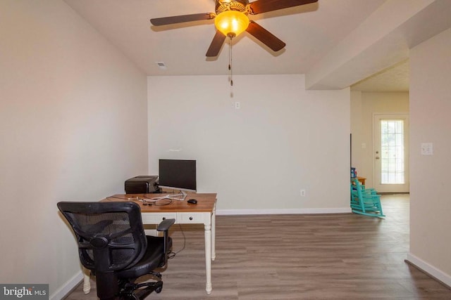 7204 Morris Rd, Spotsylvania, VA 22551 - office with wood finished floors, baseboards, and a ceiling fan