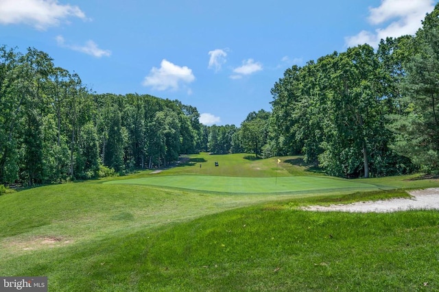 view of community with a lawn, golf course view, and an area to practice putting