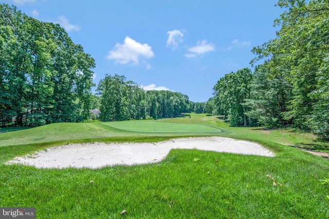 view of community with view of golf course, a yard, a putting green, and view of wooded area
