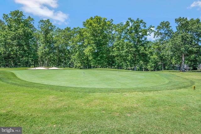 view of property's community with view of golf course, view of wooded area, an area to practice putting, and a lawn