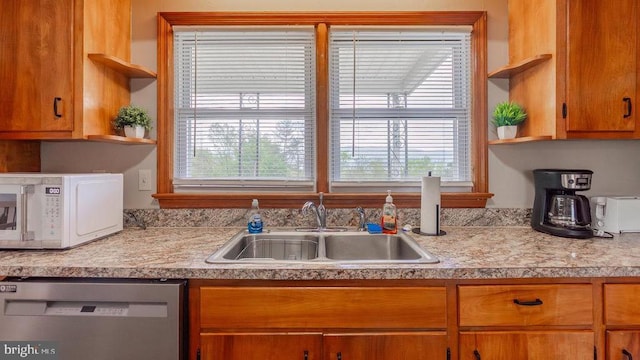 909 Mill Creek Rd, Luray, VA 22835 - kitchen featuring a sink, open shelves, stainless steel dishwasher, white microwave, and light countertops