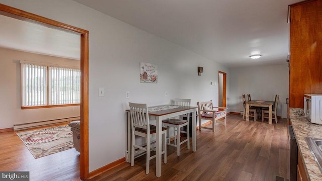 909 Mill Creek Rd, Luray, VA 22835 - dining area with wood finished floors, baseboards, and a baseboard heating unit