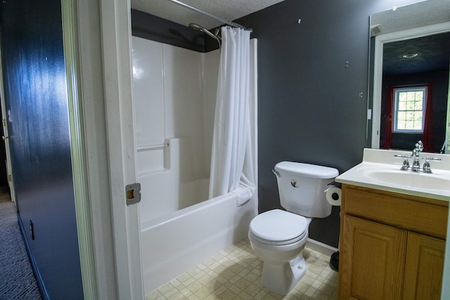 bathroom with toilet, vanity, shower / bathtub combination with curtain, and baseboards