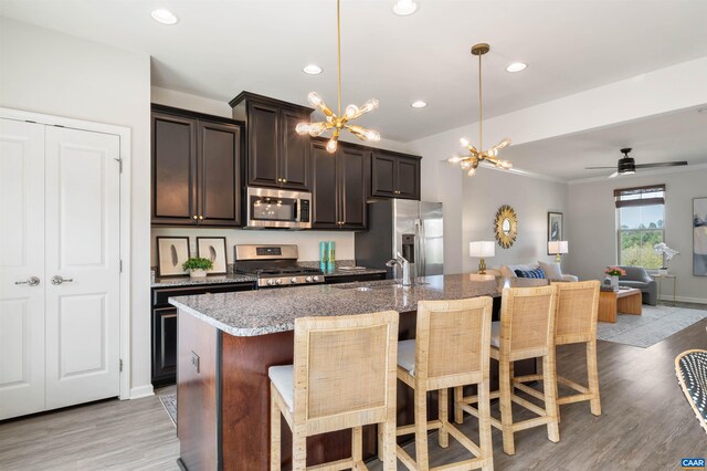 915 Flat Waters Ln, Charlottesville, VA 22911 - kitchen featuring stainless steel appliances, light wood-type flooring, an island with sink, a breakfast bar, and recessed lighting