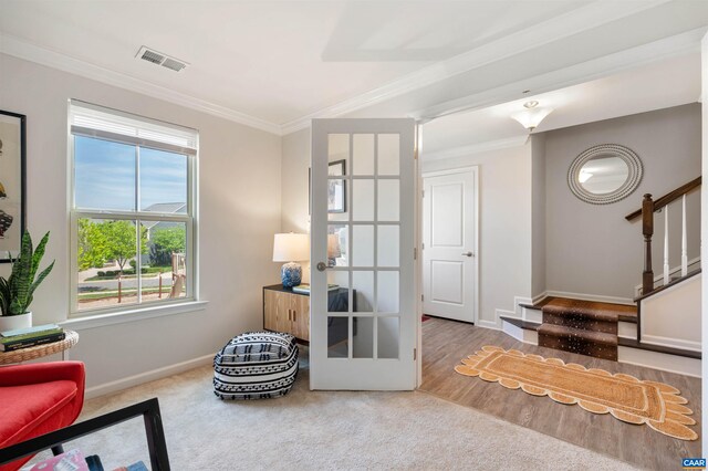 915 Flat Waters Ln, Charlottesville, VA 22911 - sitting room with stairs, baseboards, crown molding, french doors, and carpet flooring