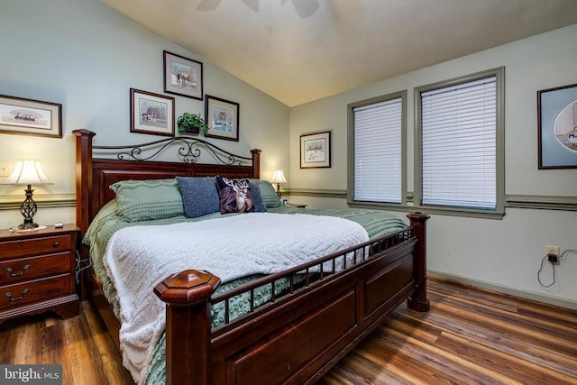 528 Ellis Dr, Luray, VA 22835 - bedroom with dark wood-type flooring, lofted ceiling, baseboards, and a ceiling fan