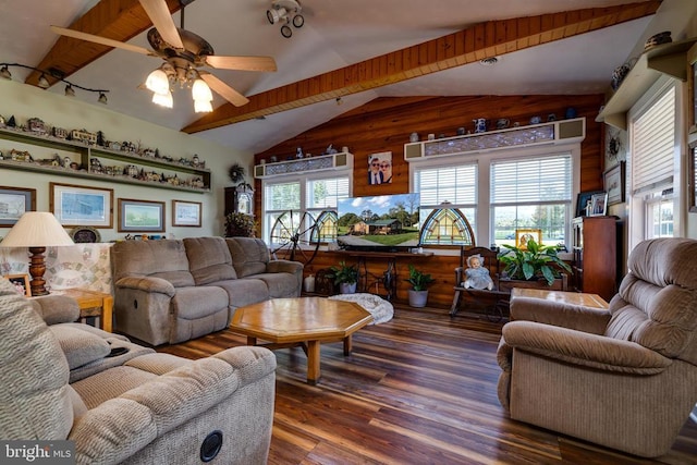 528 Ellis Dr, Luray, VA 22835 - living room with wood finished floors, ceiling fan, and wooden walls