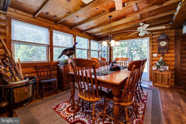 528 Ellis Dr, Luray, VA 22835 - dining area featuring a ceiling fan, dark wood finished floors, beam ceiling, plenty of natural light, and wood ceiling