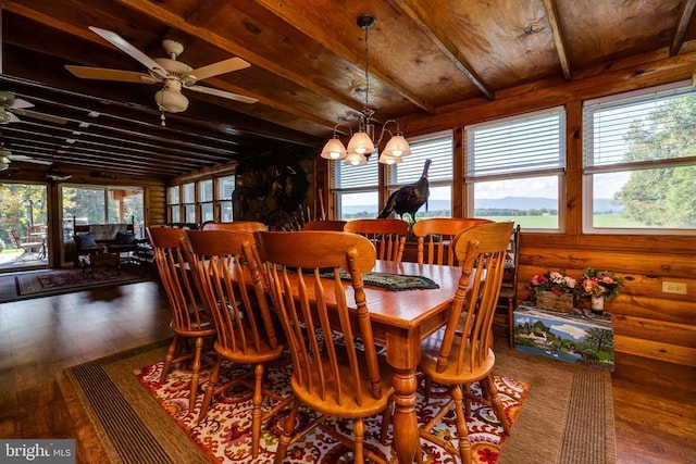 528 Ellis Dr, Luray, VA 22835 - dining space with wood finished floors, beamed ceiling, a chandelier, a ceiling fan, and wood walls