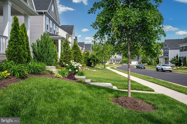 view of green lawn with a residential view