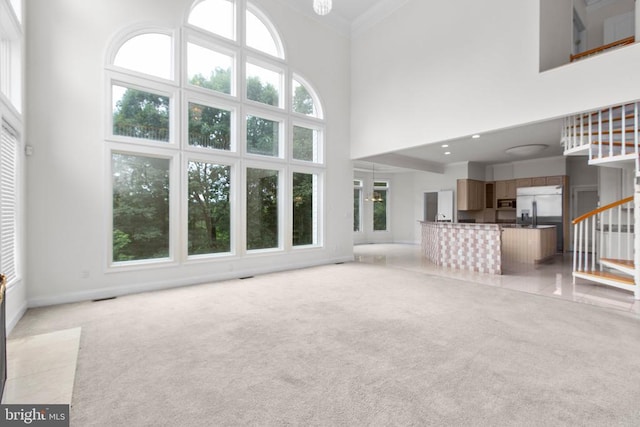 3714 Fairways Ct, Fredericksburg, VA 22408 - unfurnished living room featuring light carpet, a towering ceiling, ornamental molding, and healthy amount of natural light