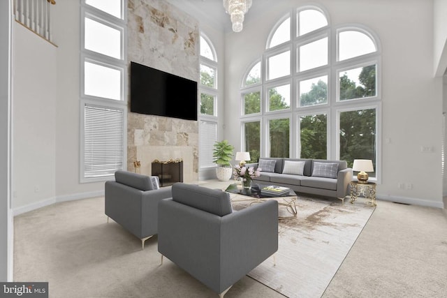 3714 Fairways Ct, Fredericksburg, VA 22408 - carpeted living area featuring a high ceiling and a fireplace